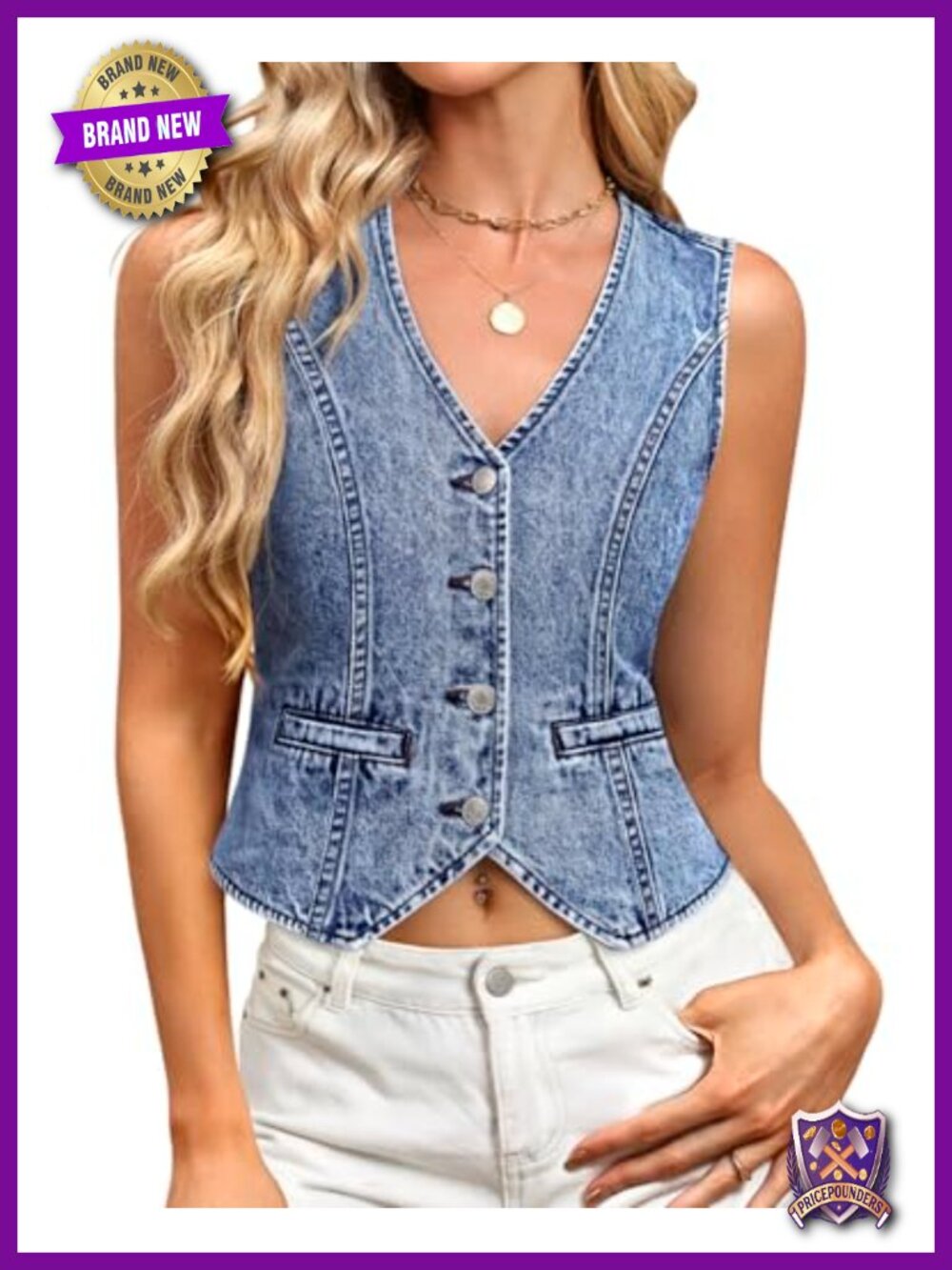 Women's Denim Vest Sleeveless Button Down V Neck Jean Top with Pockets